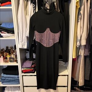 Manière De Voir Black Long Sleeve Dress with Mauve Corset Accent